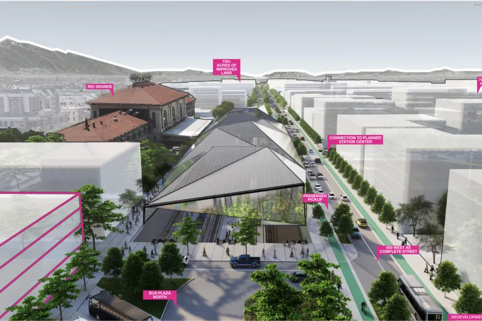 A conceptual rendering of a revamped train station in a historic corner of Salt Lake City.